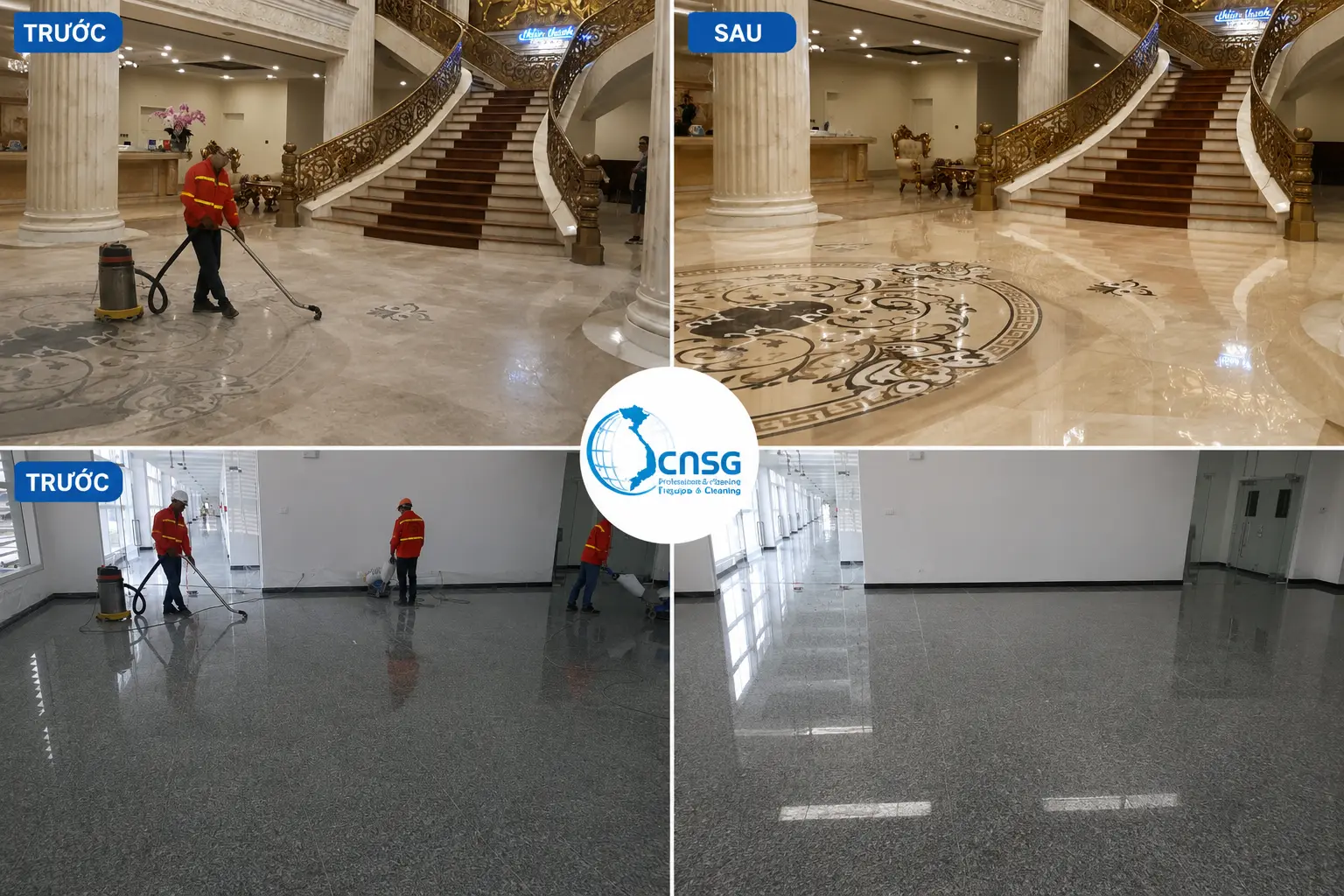Đội ngũ kỹ thuật CNSG thi công đánh bóng sàn đá tự nhiên